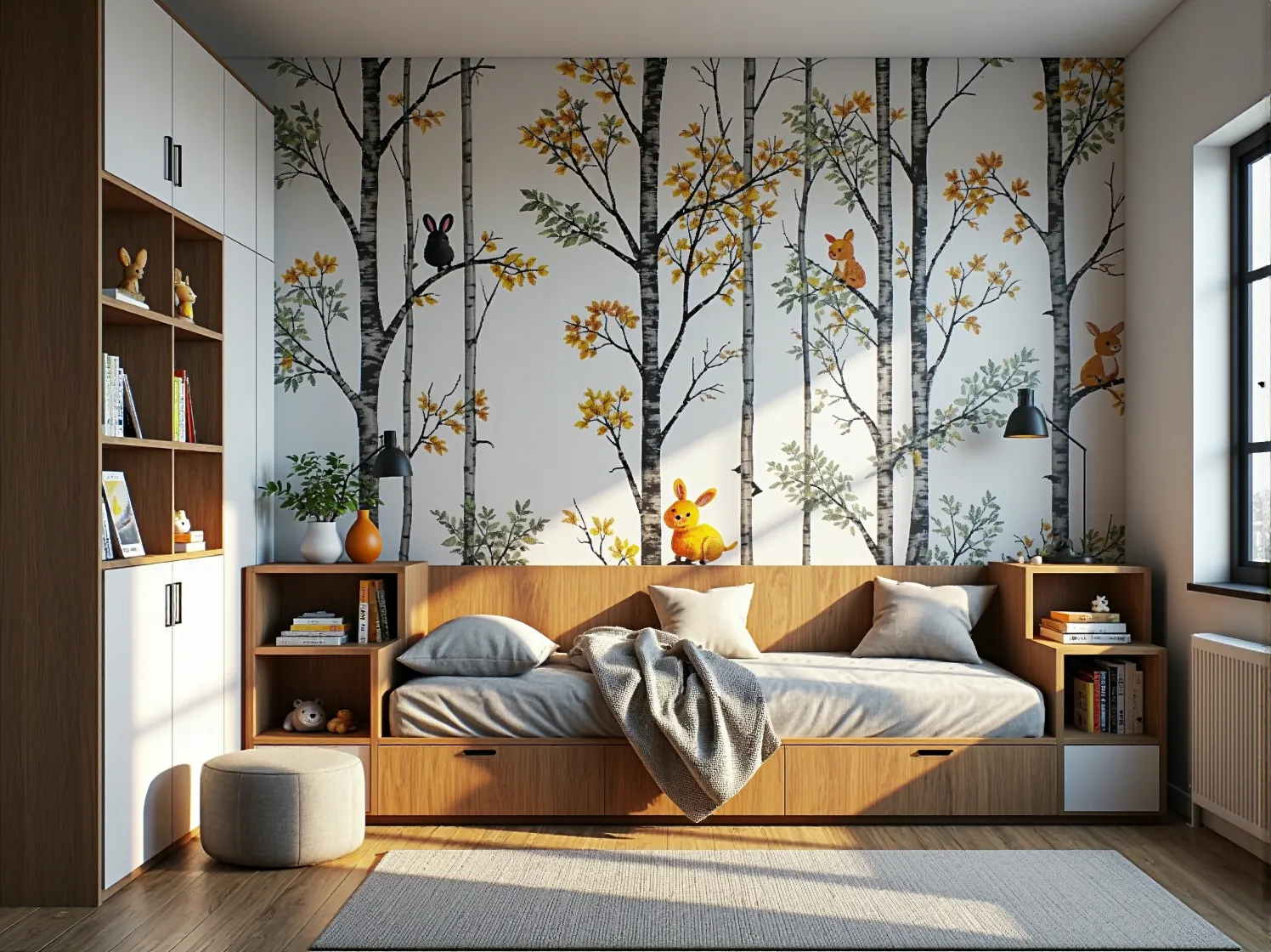 Zbliżenie na pojemną szufladę pod łóżkiem dziecięcym, wypełnioną kolorowymi klockami i pluszakami. Praktyczne przechowywanie.