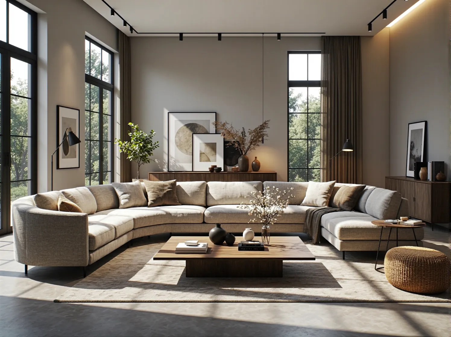 Luksusowa narożna sofa beżowa z miękkimi poduszkami dekoracyjnymi