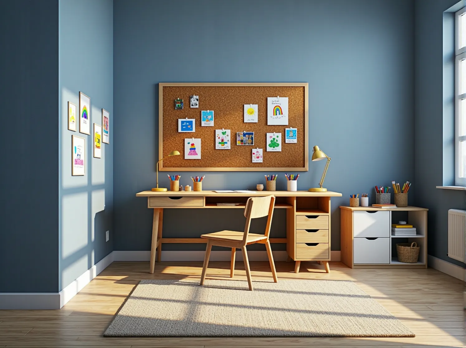 Przytulny kącik do zabawy w skandynawskim pokoju dziecka z jasnymi dodatkami i naturalnymi materiałami.