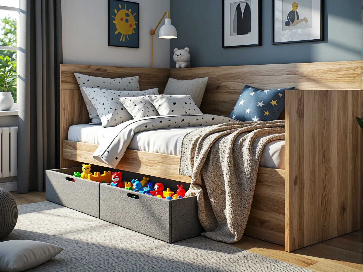 Skandynawskie łóżko dziecięce z wysuwanymi pojemnikami, które ułatwiają dziecku samodzielne sprzątanie zabawek.