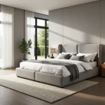 Tapicerowane łóżko kontynentalne szare z wysokim zagłówkiem