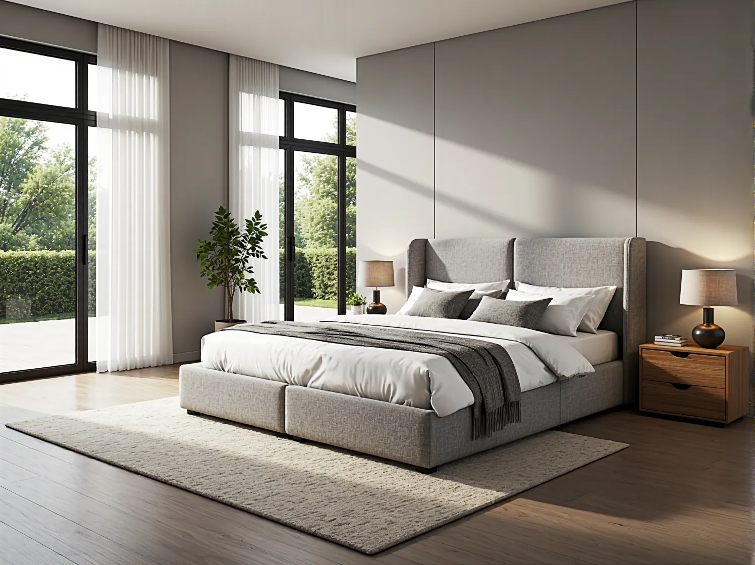 Tapicerowane łóżko kontynentalne szare z wysokim zagłówkiem