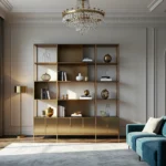 Złoty regał glamour z otwartymi półkami i zamykanymi szafkami