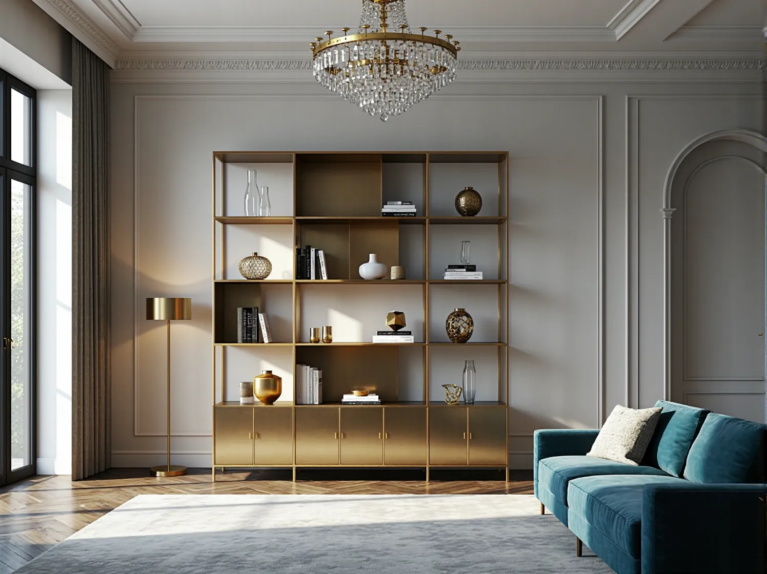 Złoty regał glamour z otwartymi półkami i zamykanymi szafkami