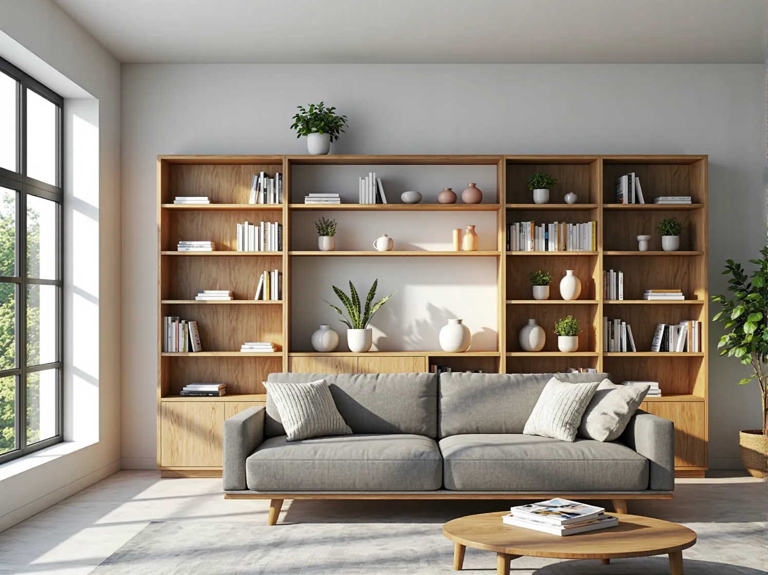 Drewniany regał modułowy dąb naturalny z otwartymi półkami na książki