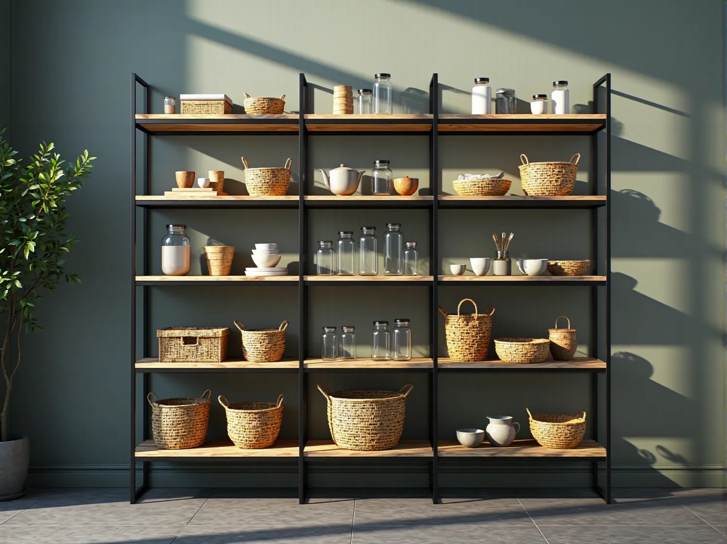 Regał w stylu industrialnym łączący grube, drewniane półki z czarnymi, metalowymi wspornikami.