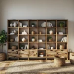 Rustykalny regał z litego drewna z otwartymi półkami i szufladami