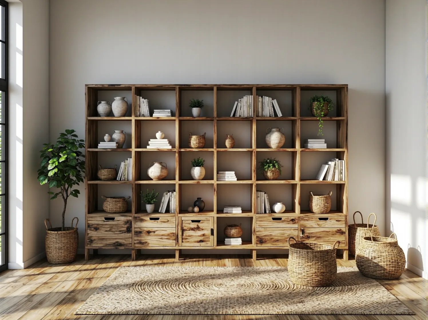 Rustykalny regał z litego drewna z otwartymi półkami i szufladami