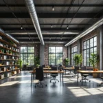 Regały industrialne z drewna i czarnego metalu z wieloma półkami