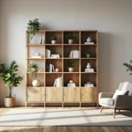 Regał skandynawski dąb naturalny z otwartymi półkami i szafkami