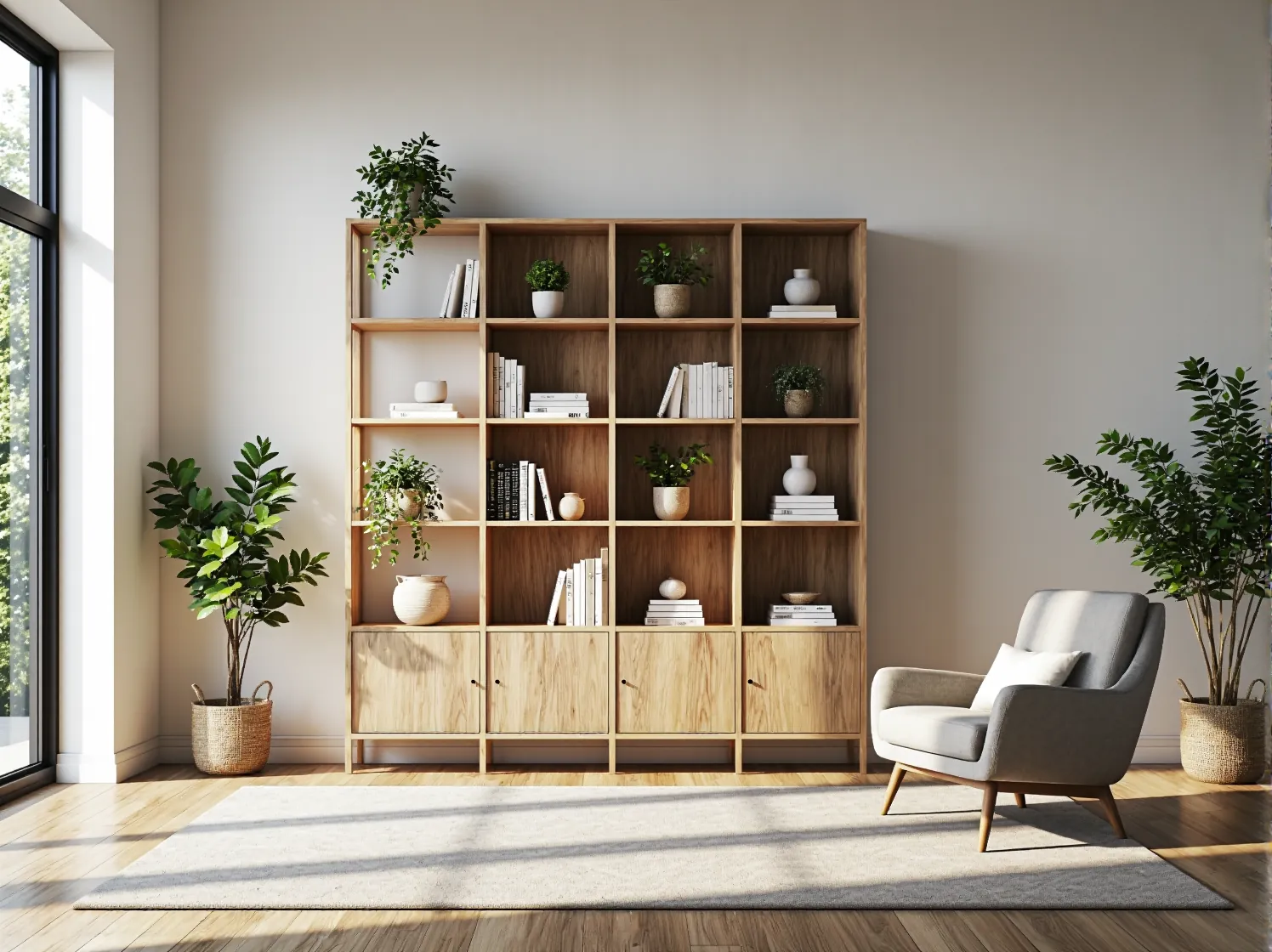 Regał skandynawski dąb naturalny z otwartymi półkami i szafkami