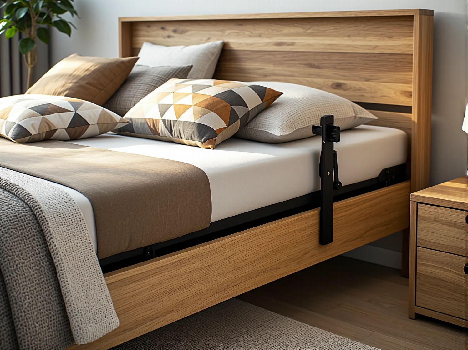 Zbliżenie na mechanizm regulacji długości w łóżku rosnącym wraz z dzieckiem.