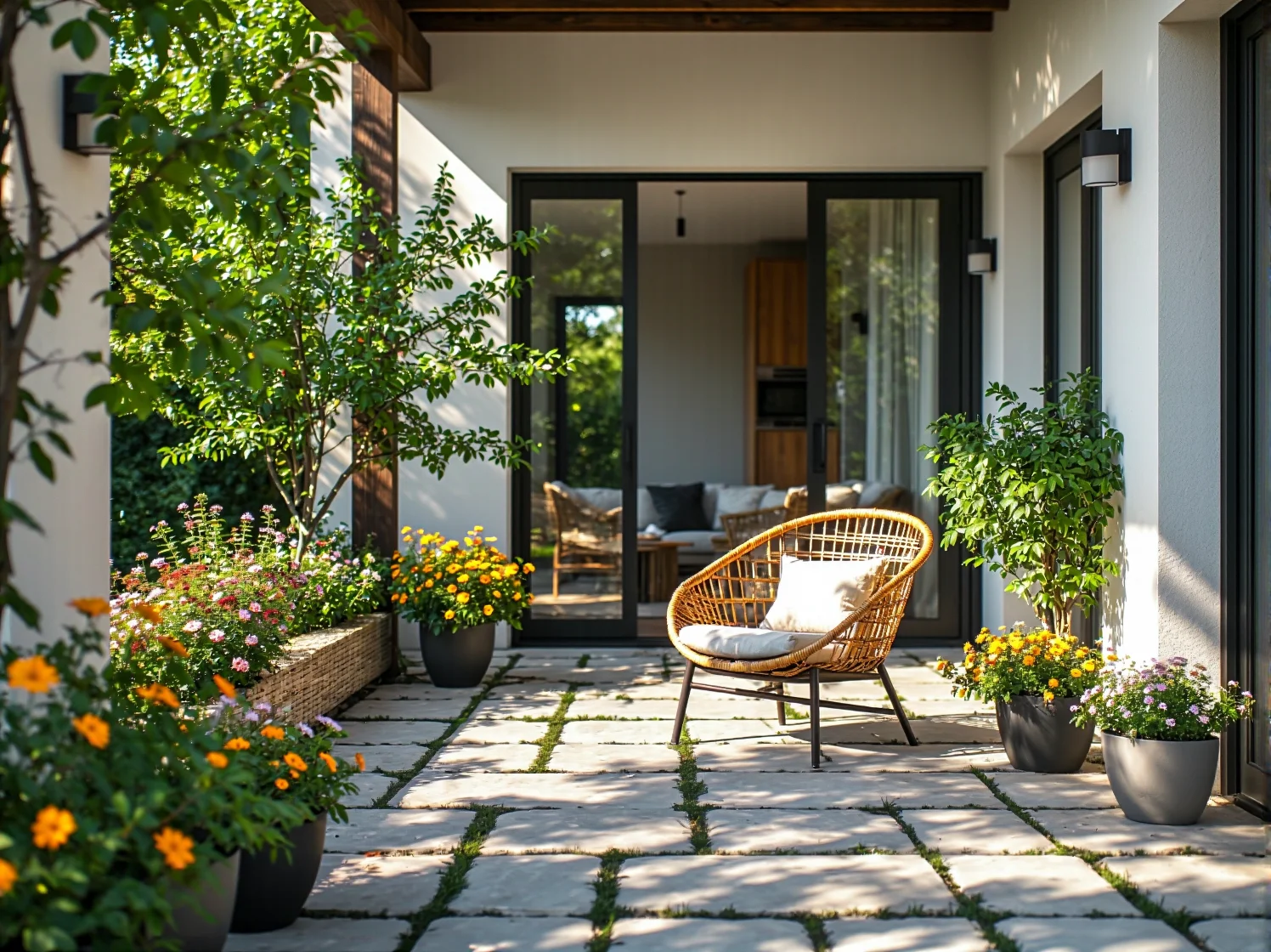 Fotel ogrodowy rattanowy naturalny z białą poduszką siedziska