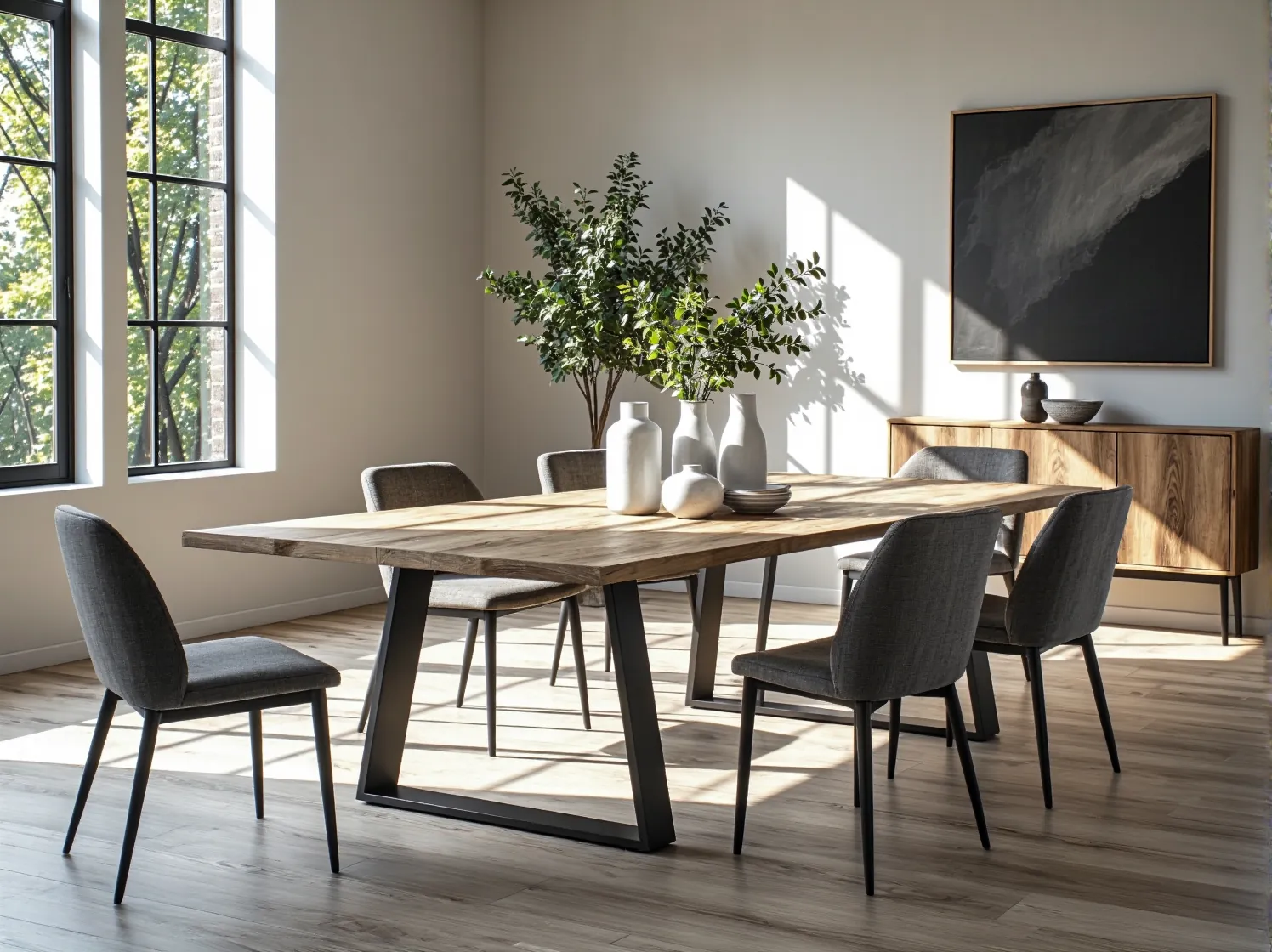 Stół jadalniany drewniany z czarnymi metalowymi nogami typu loft