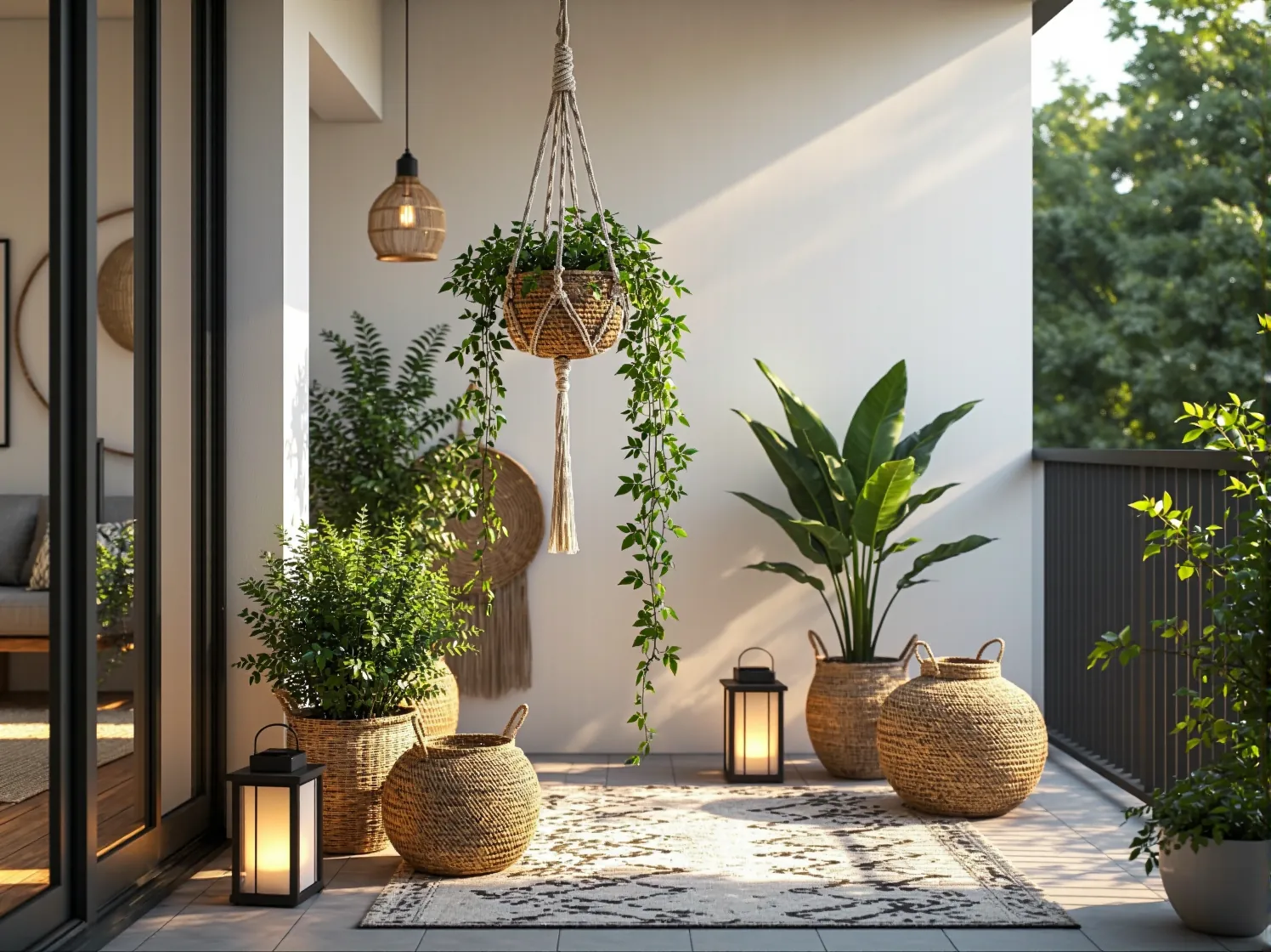 Rośliny na balkonie boho w plecionych donicach z wbitymi lampkami solarnymi.