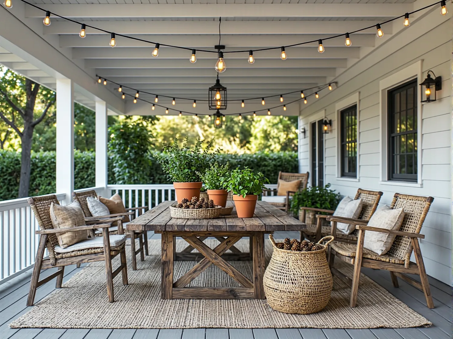 Elegancka latarnia zewnętrzna wisząca przy wejściu do domu w stylu rustykalnym, dająca ciepłe światło.