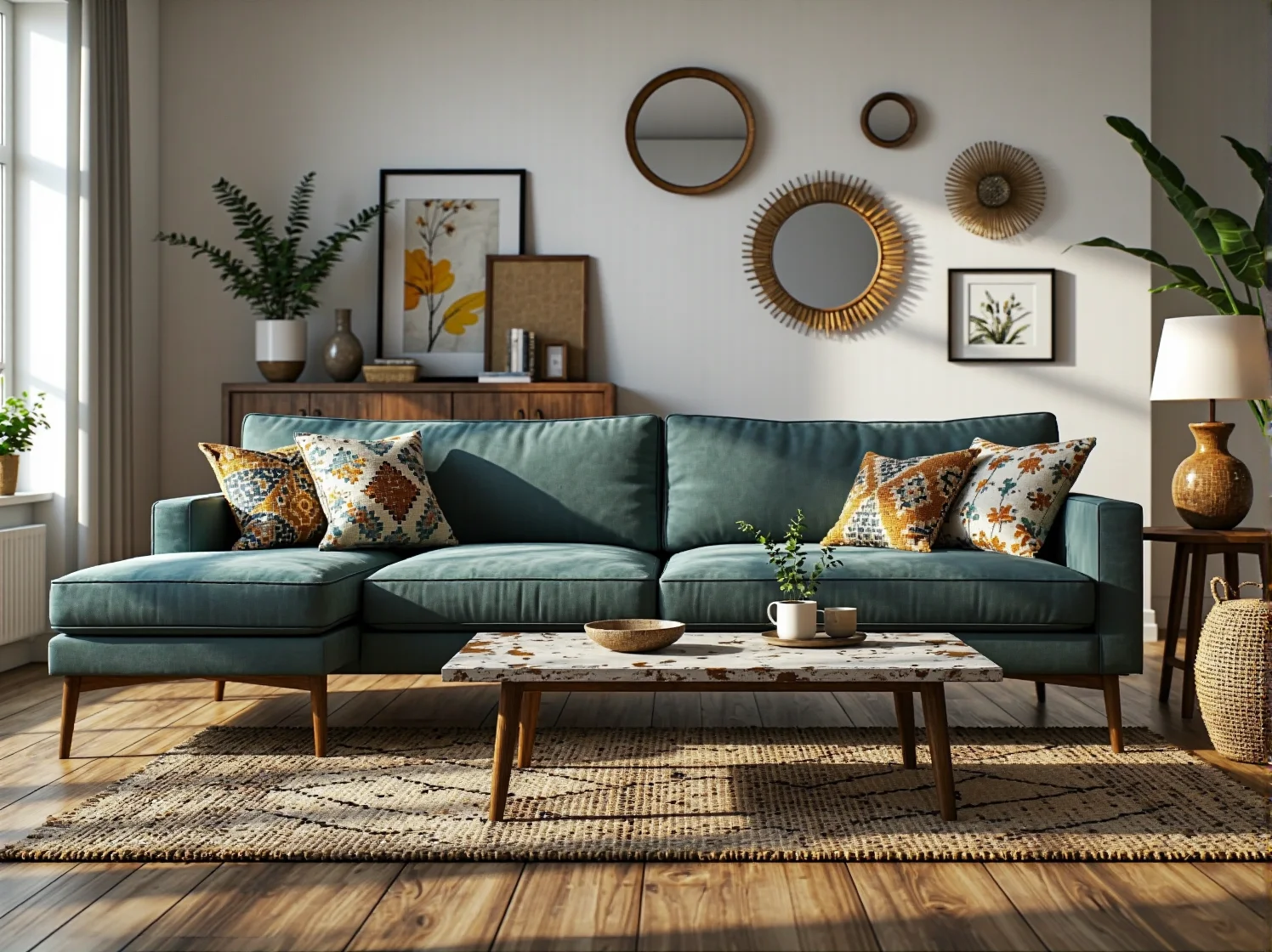 Sofa narożna szmaragdowa na drewnianych nogach w stylu vintage