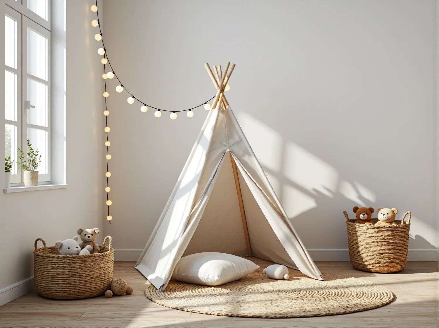 Biały, drewniany regał na zabawki i książki w pokoju dziecięcym. Skandynawski porządek w małej przestrzeni.