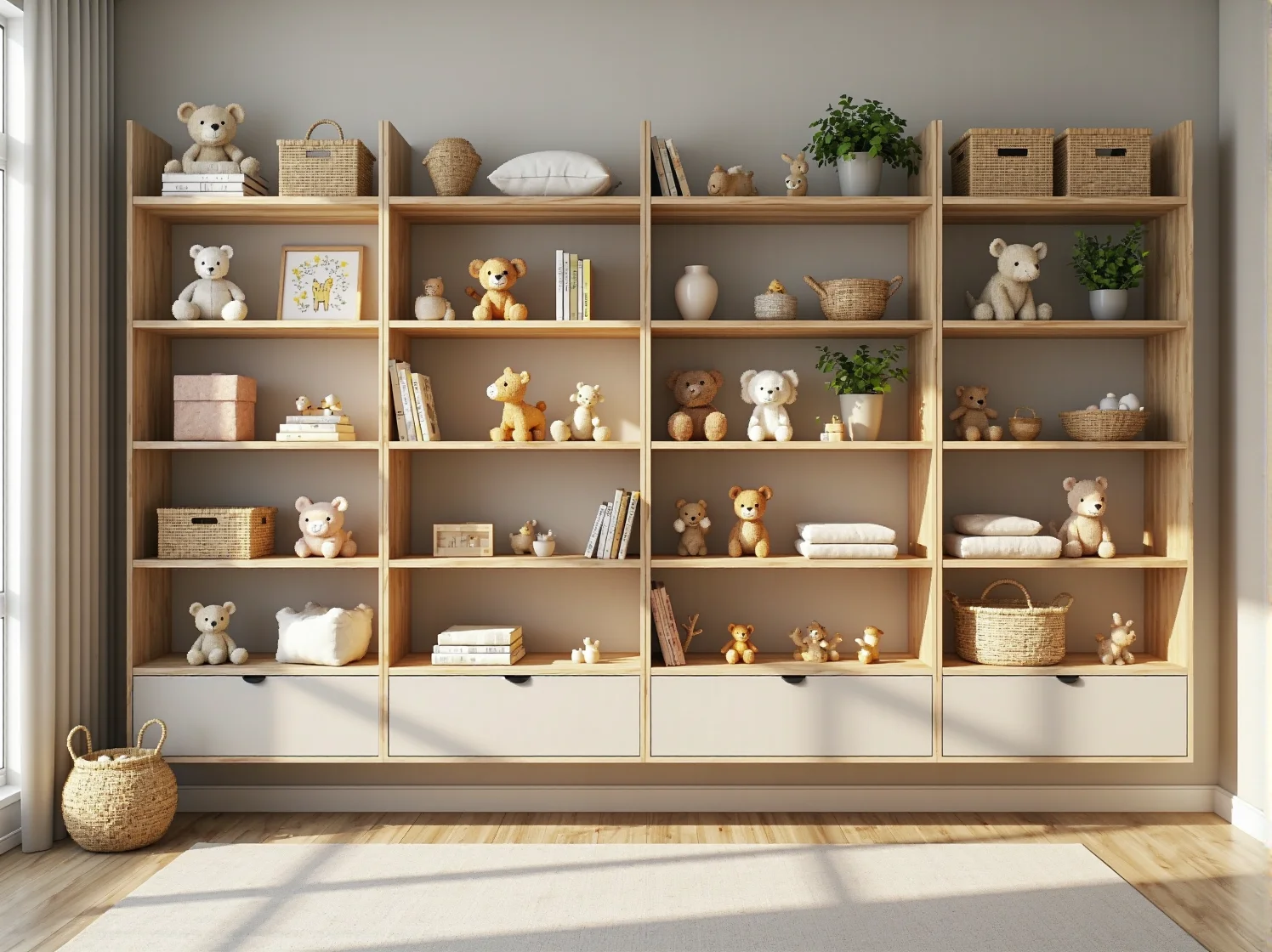 Przytulny kącik do czytania z miękkim dywanem i poduszkami. Meble dziecięce skandynawskie tworzące miłą atmosferę.