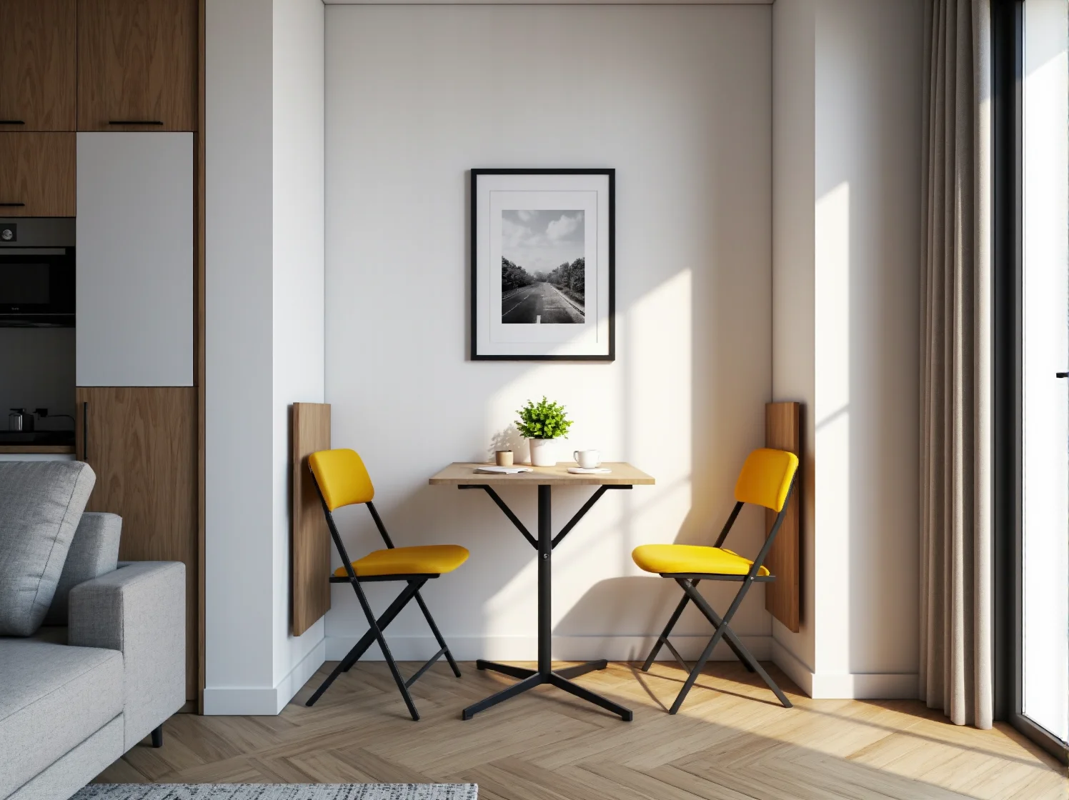 Składane krzesła i stół oszczędzające miejsce w małej kuchni, idealne do kawalerki.