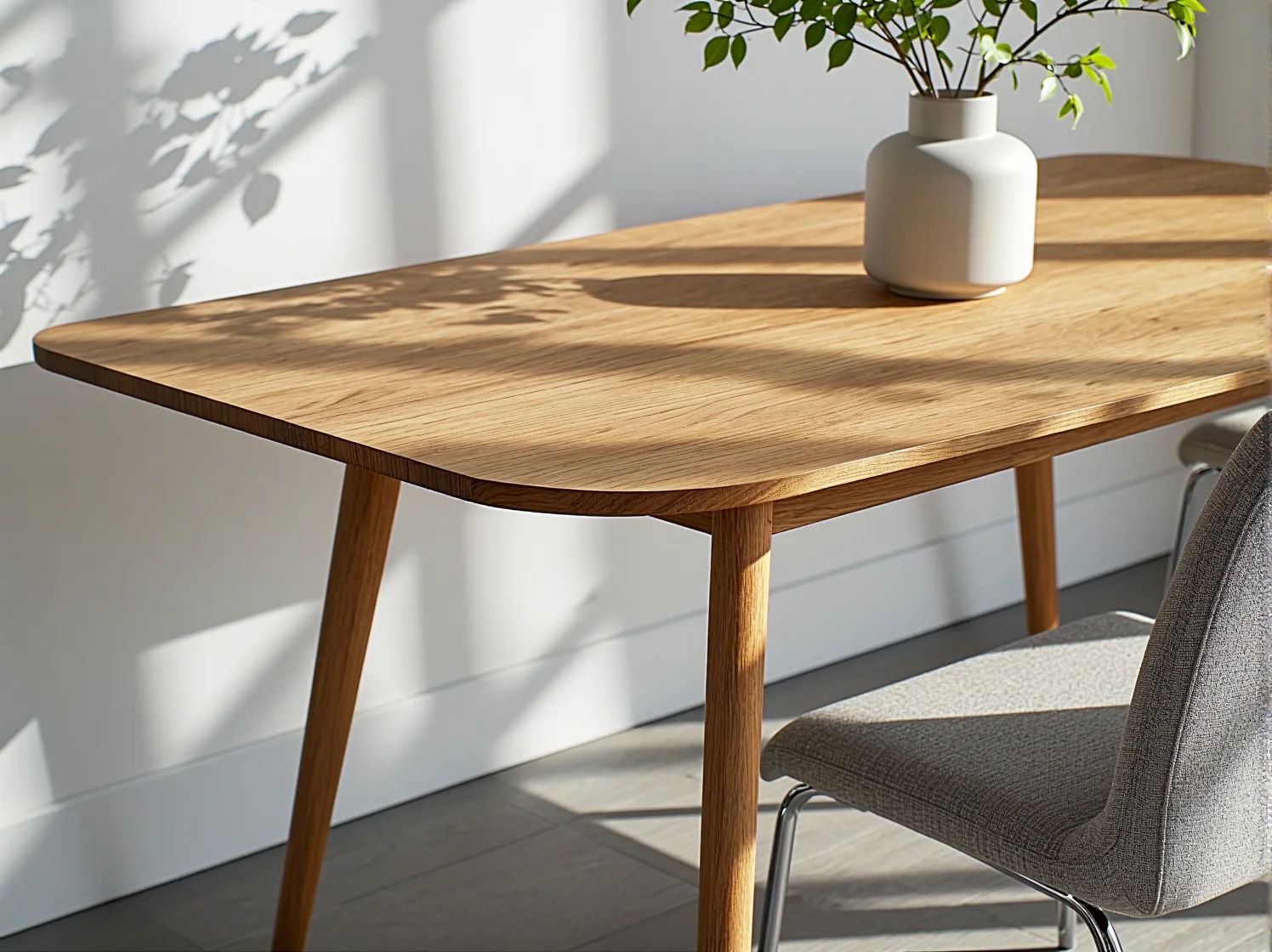 Składany stół przyścienny w małej kuchni, idealne rozwiązanie do mikroapartamentu oszczędzające miejsce.