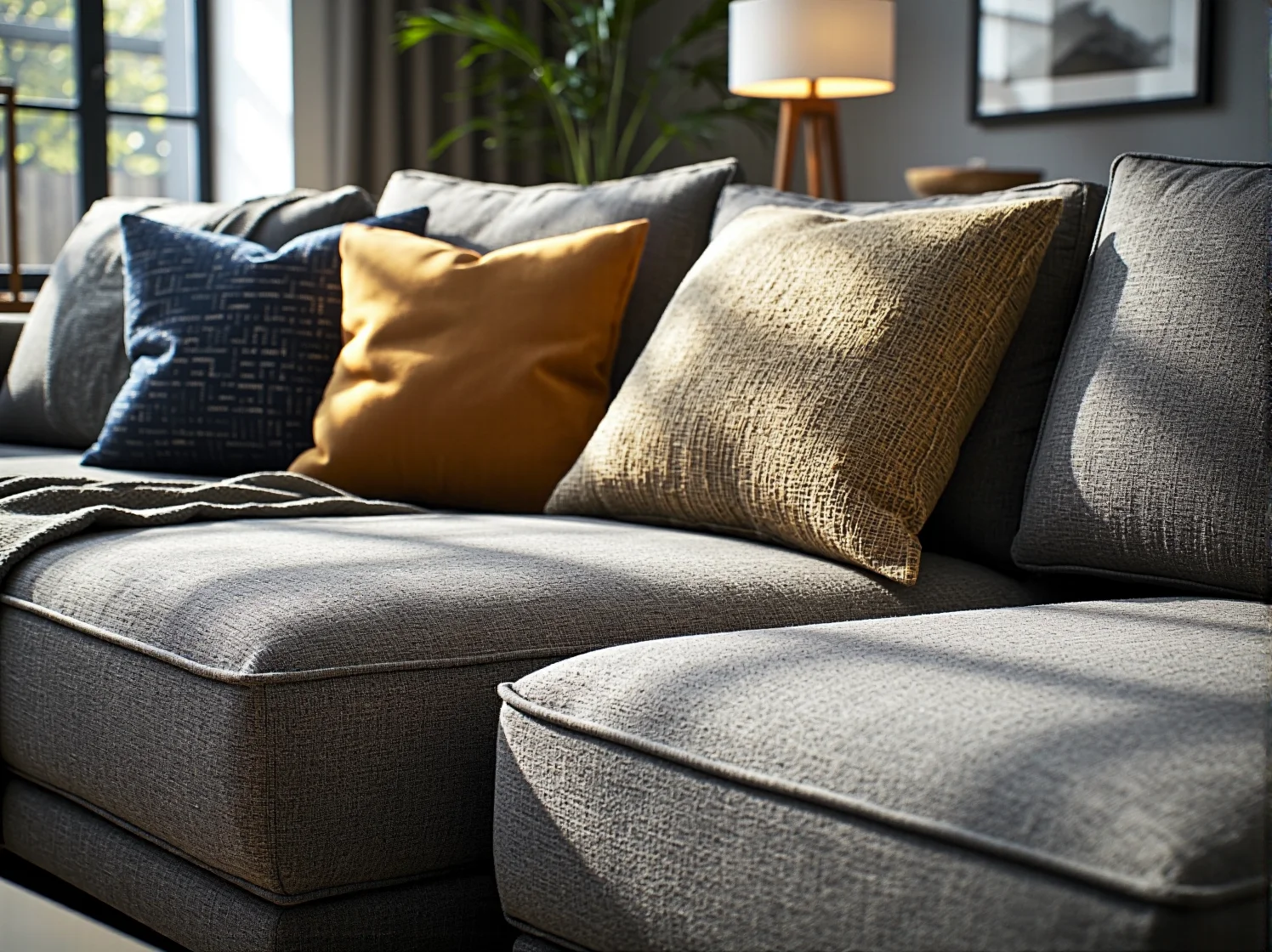 Jasny narożnik w stylu skandynawskim z drewnianymi nogami, idealny do minimalistycznego salonu.