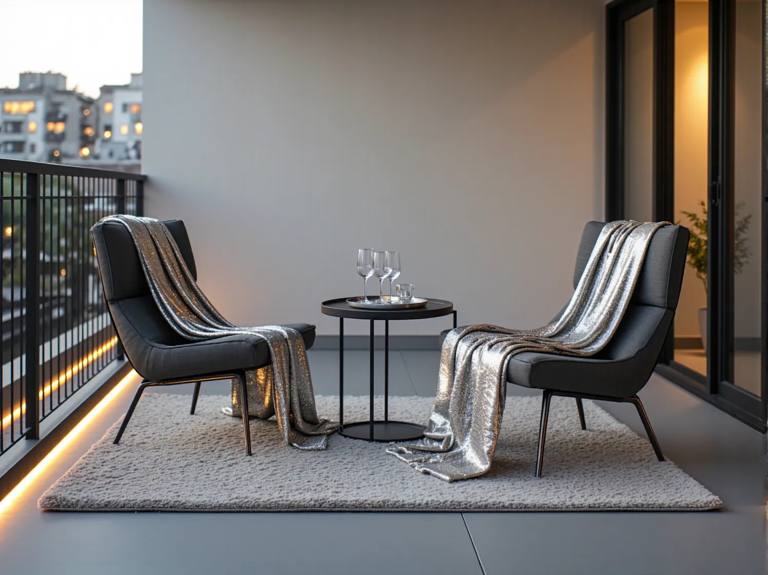 Stylowe, srebrne dodatki i tekstylia na luksusowym balkonie glamour z oświetleniem LED w tle.