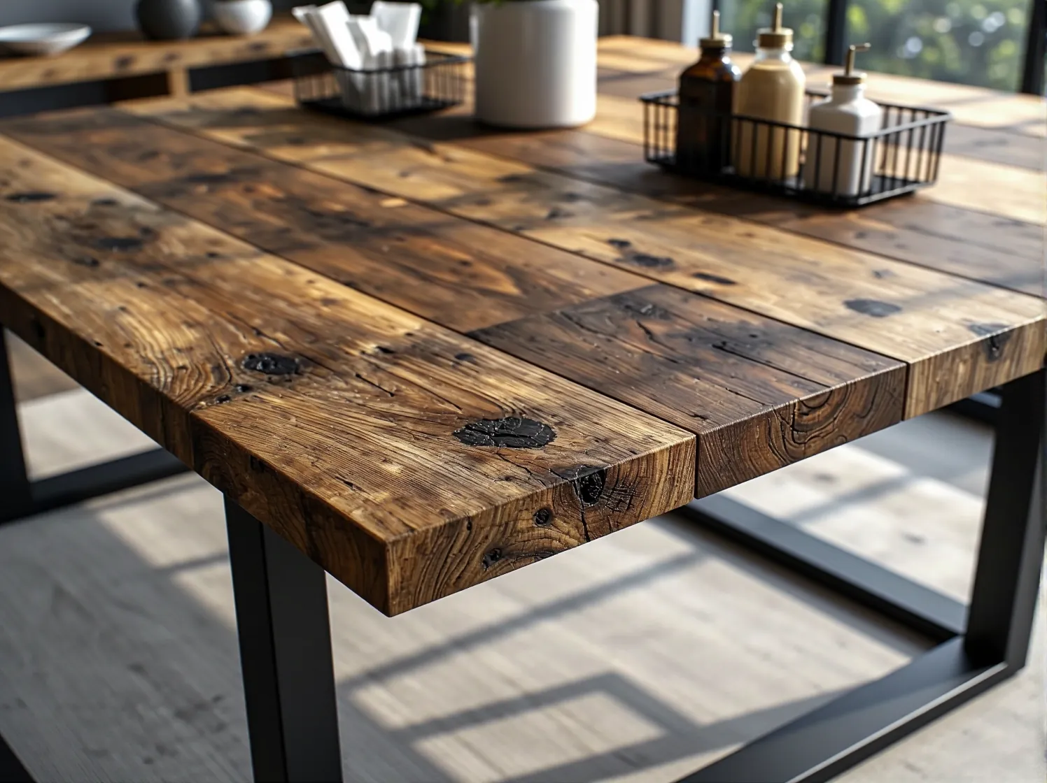 Zbliżenie na detal stołu industrialnego – połączenie surowego drewna z czarną, stalową podstawą.