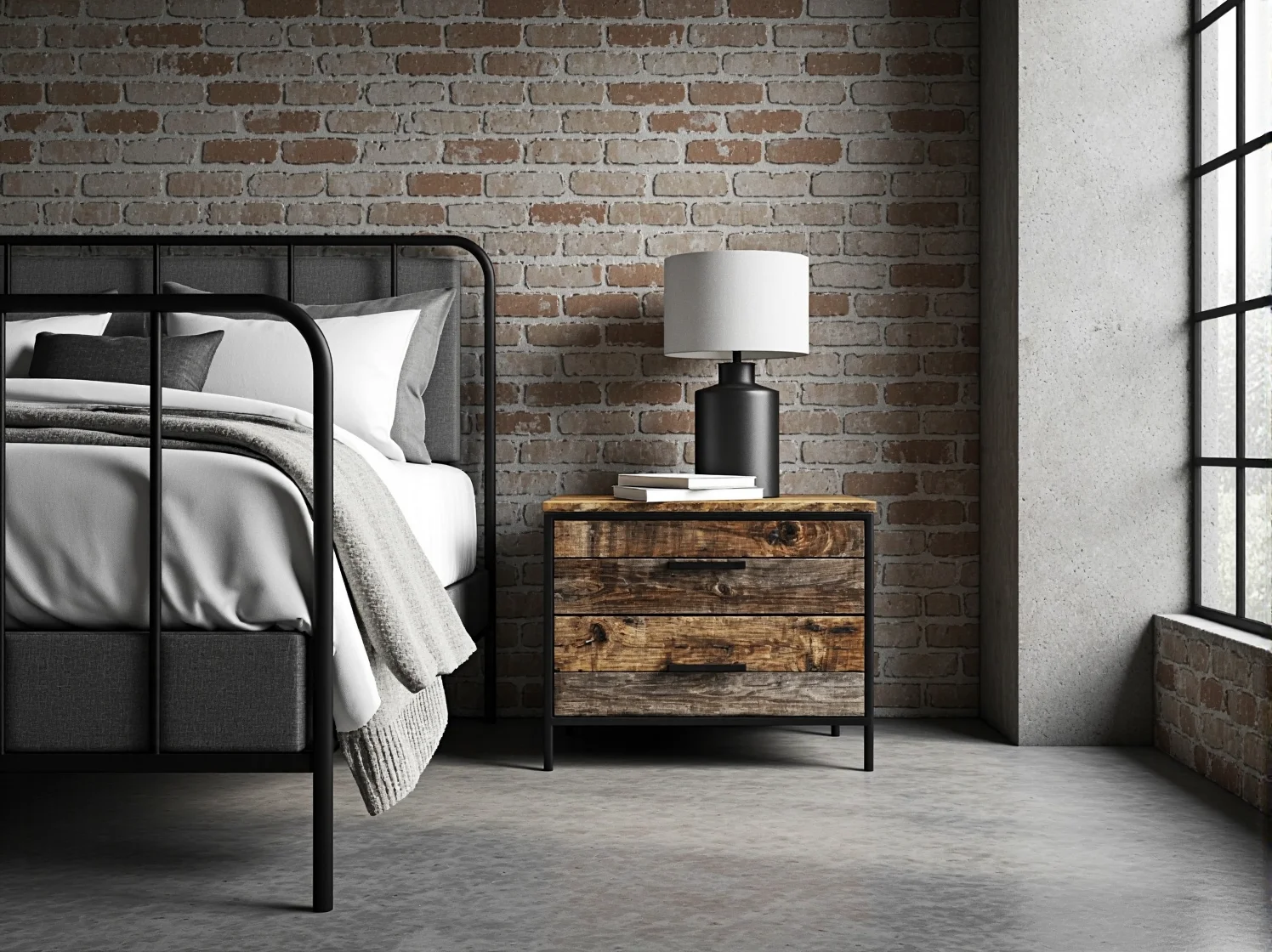 Industrialny stolik nocny drewniany z dwiema szufladami na metalowej ramie