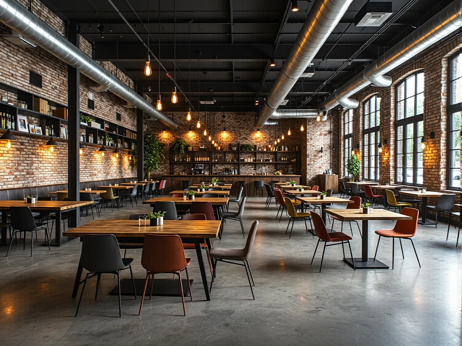 Stoły industrialne z drewnianym blatem i metalowymi nogami do restauracji