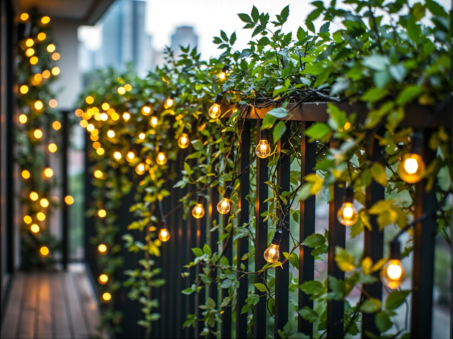 Strefa relaksu na balkonie boho z makramą, poduszkami i nastrojowym światłem.