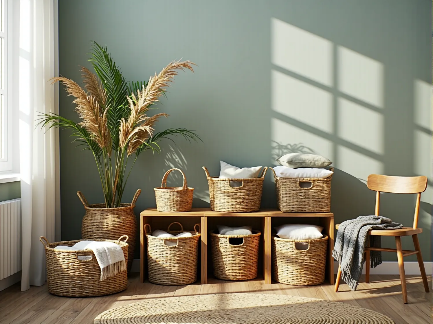 Zrównoważona sypialnia pełna roślin i światła dziennego. Biofiliczny design wspierający zdrowie i relaks w domu.