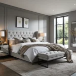 Eleganckie łóżko tapicerowane szare z pikowanym zagłówkiem w stylu glamour