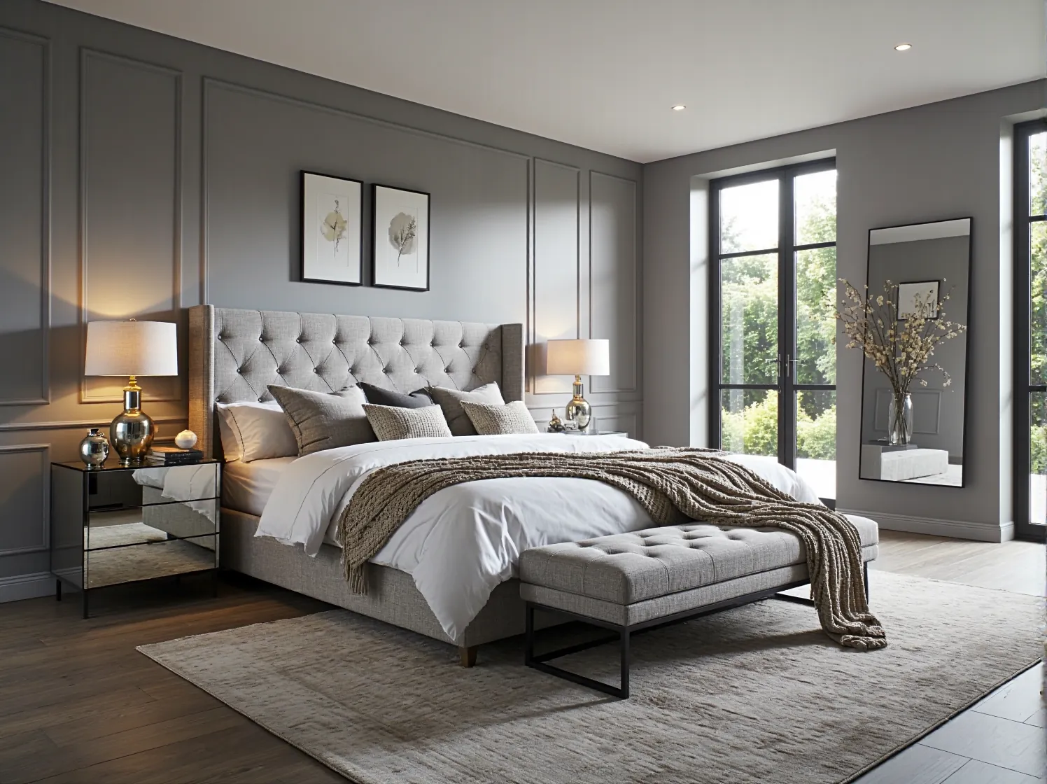 Eleganckie łóżko tapicerowane szare z pikowanym zagłówkiem w stylu glamour
