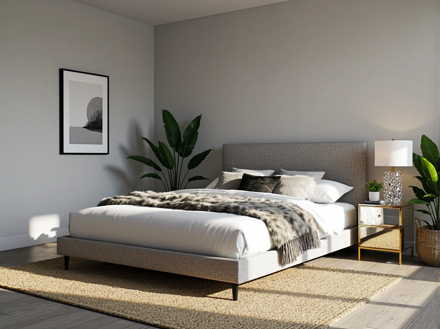 Tapicerowane łóżko szare dwuosobowe z wysokim zagłówkiem