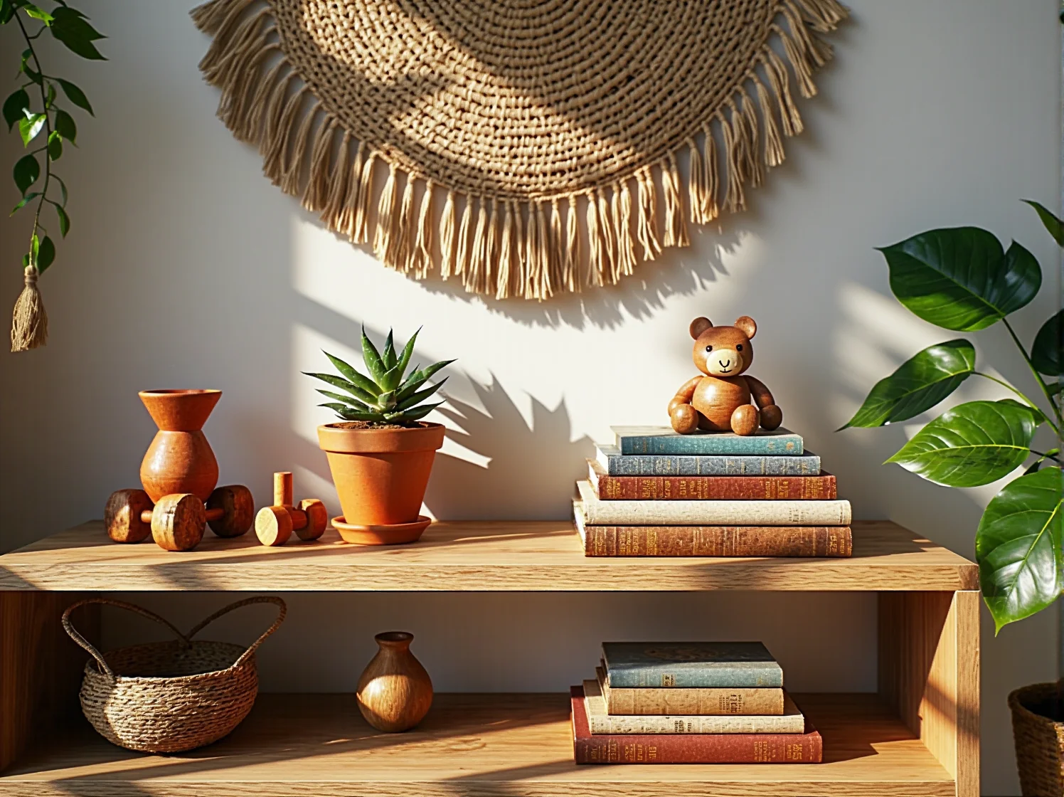 Jasna i przestronna sypialnia niemowlaka w stylu boho. Białe meble, beżowe dodatki i etniczne wzory na tekstyliach.