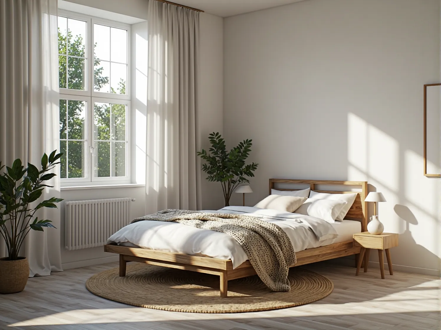 Drewniane łóżko dwuosobowe dąb naturalny ze skandynawskim zagłówkiem