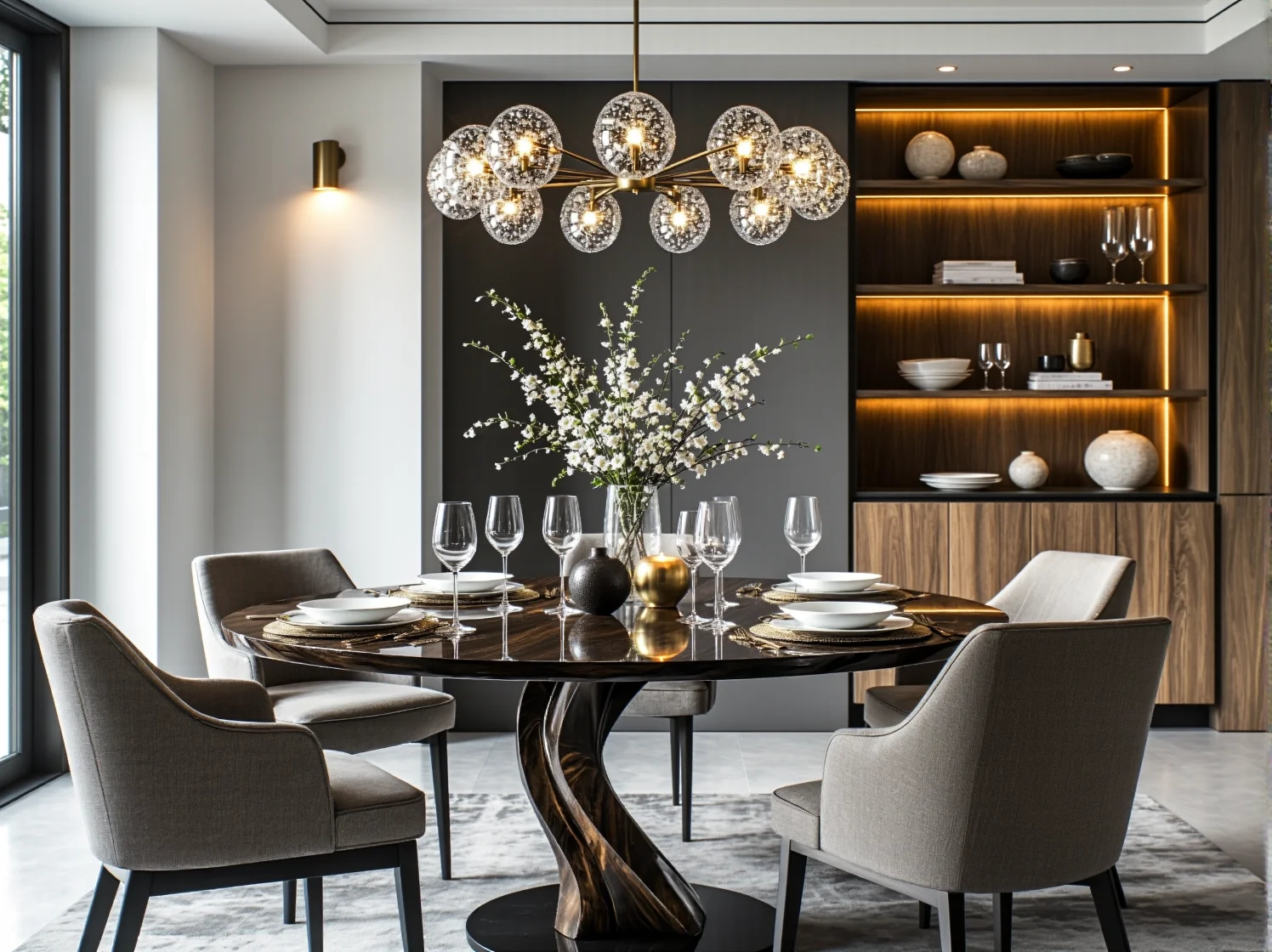 Aranżacja sypialni łącząca meble glamour z nowoczesną prostotą. Pikowany zagłówek i prosta komoda.