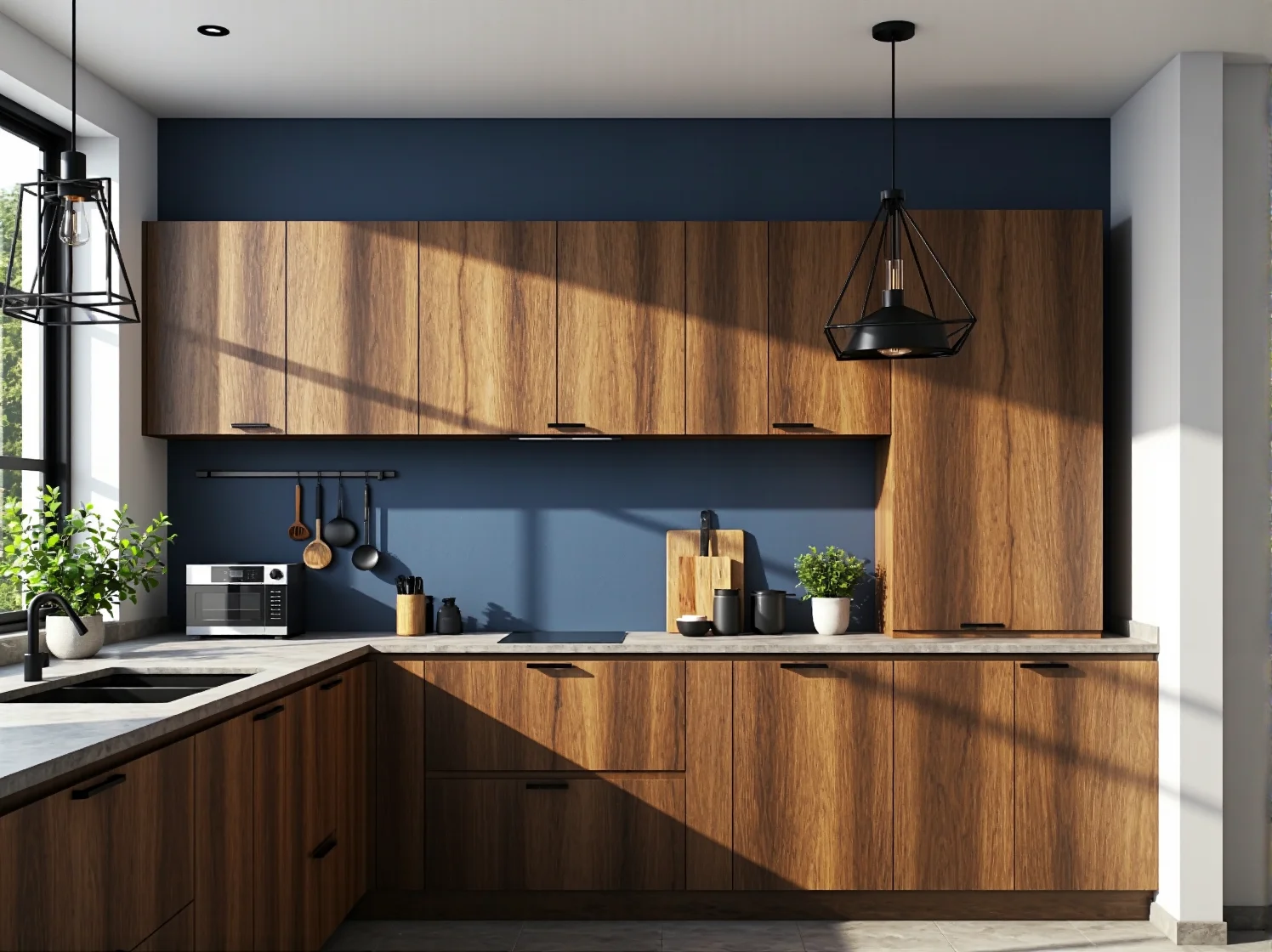 Szklane klosze lamp wiszących rozświetlające klasyczną kuchnię z elementami drewna.