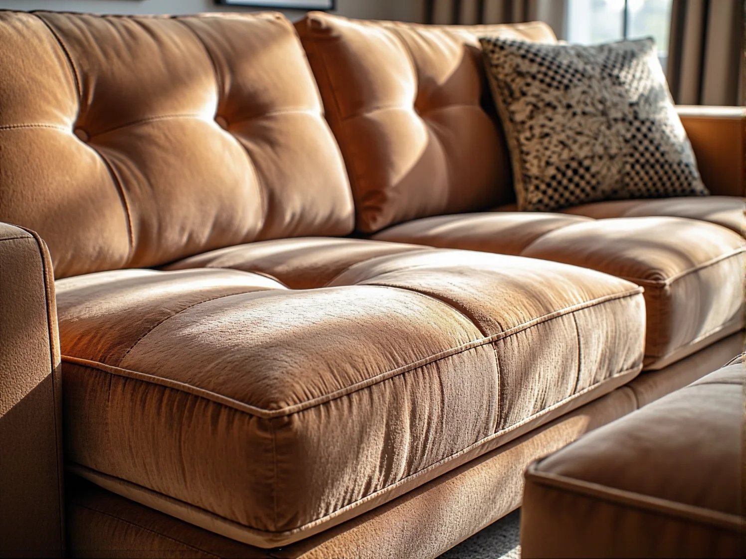 Zbliżenie na miękką i trwałą tkaninę welurową w głębokim kolorze, ukazujące jej szlachetną fakturę.