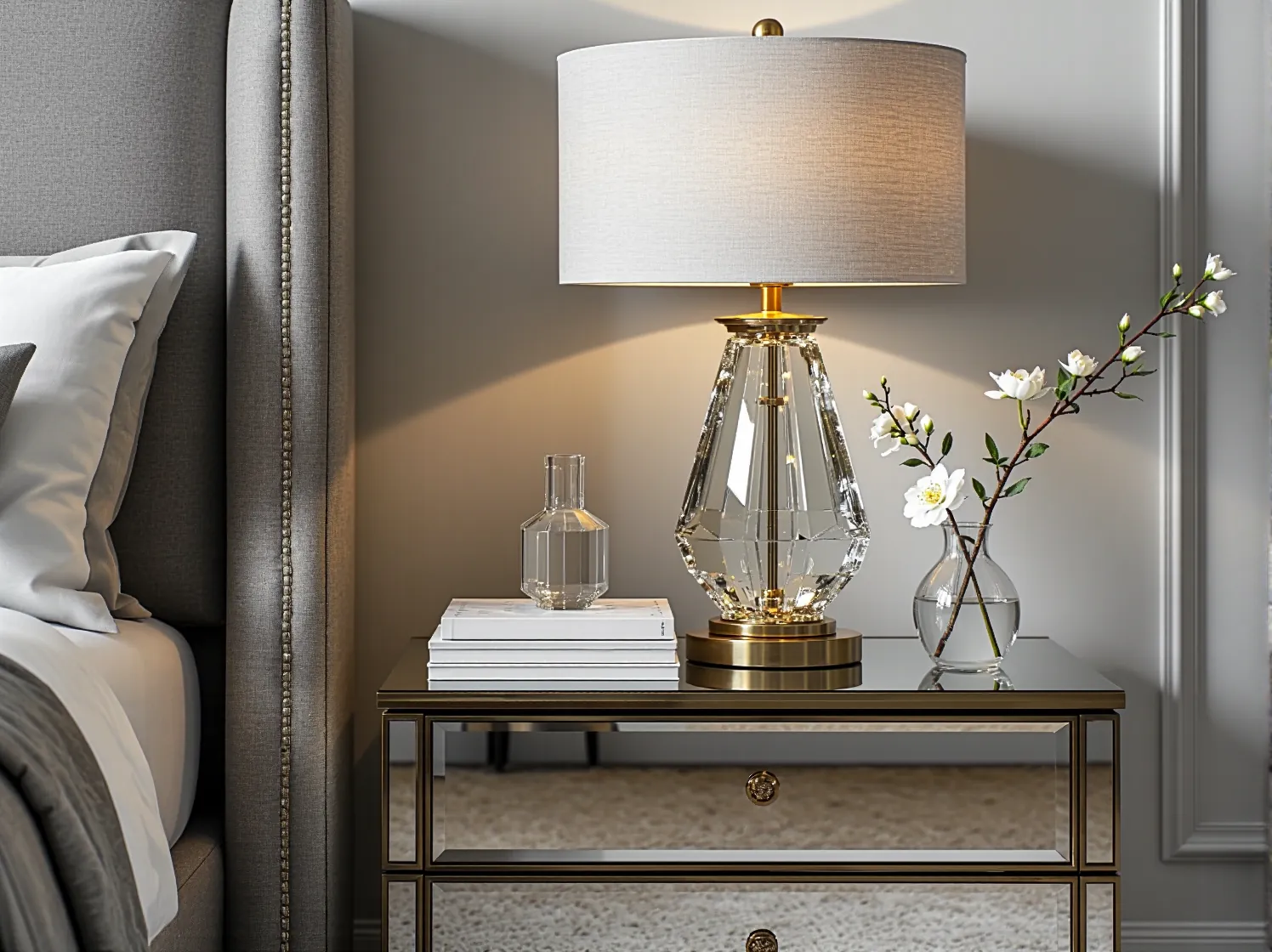 Elegancka toaletka glamour ze złotymi akcentami doskonale komponuje się w minimalistycznej sypialni w stylu japandi.