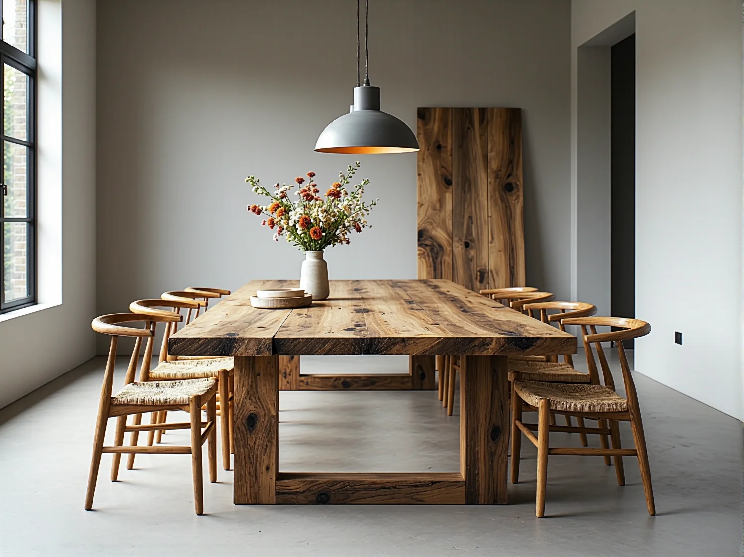 Drewniany stół w jadalni, przykład trwałego i ekologicznego mebla z naturalnym wykończeniem.