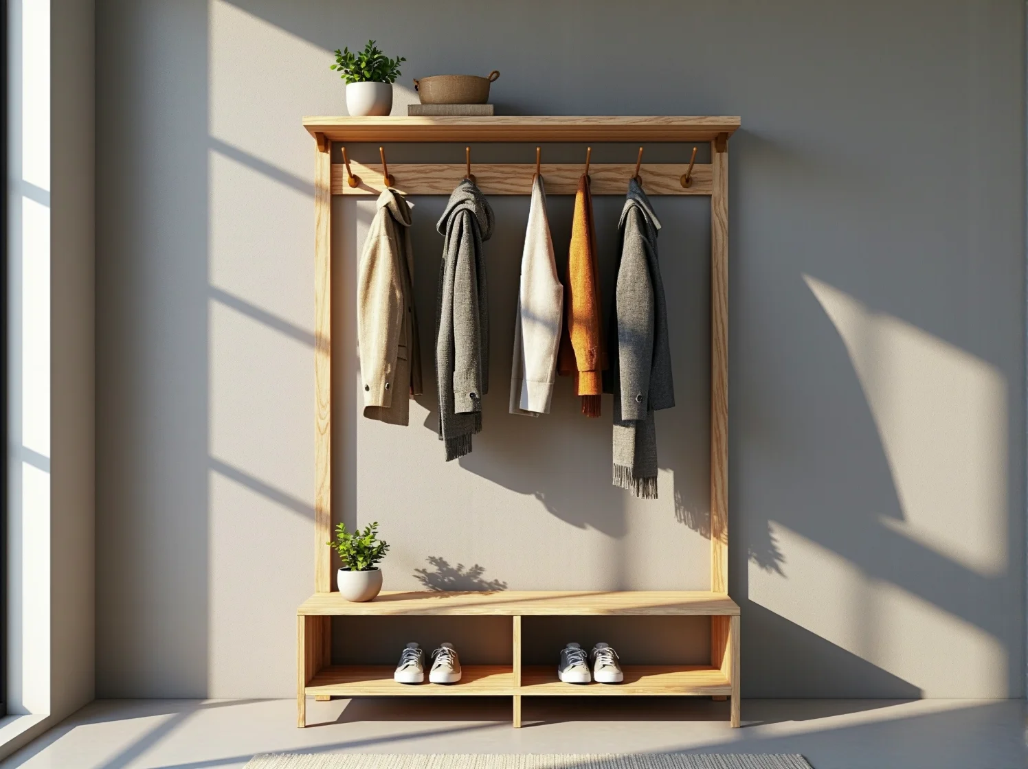 Praktyczna, wąska konsola z drewnianym blatem i wieszakami w małym przedpokoju w skandynawskim stylu.
