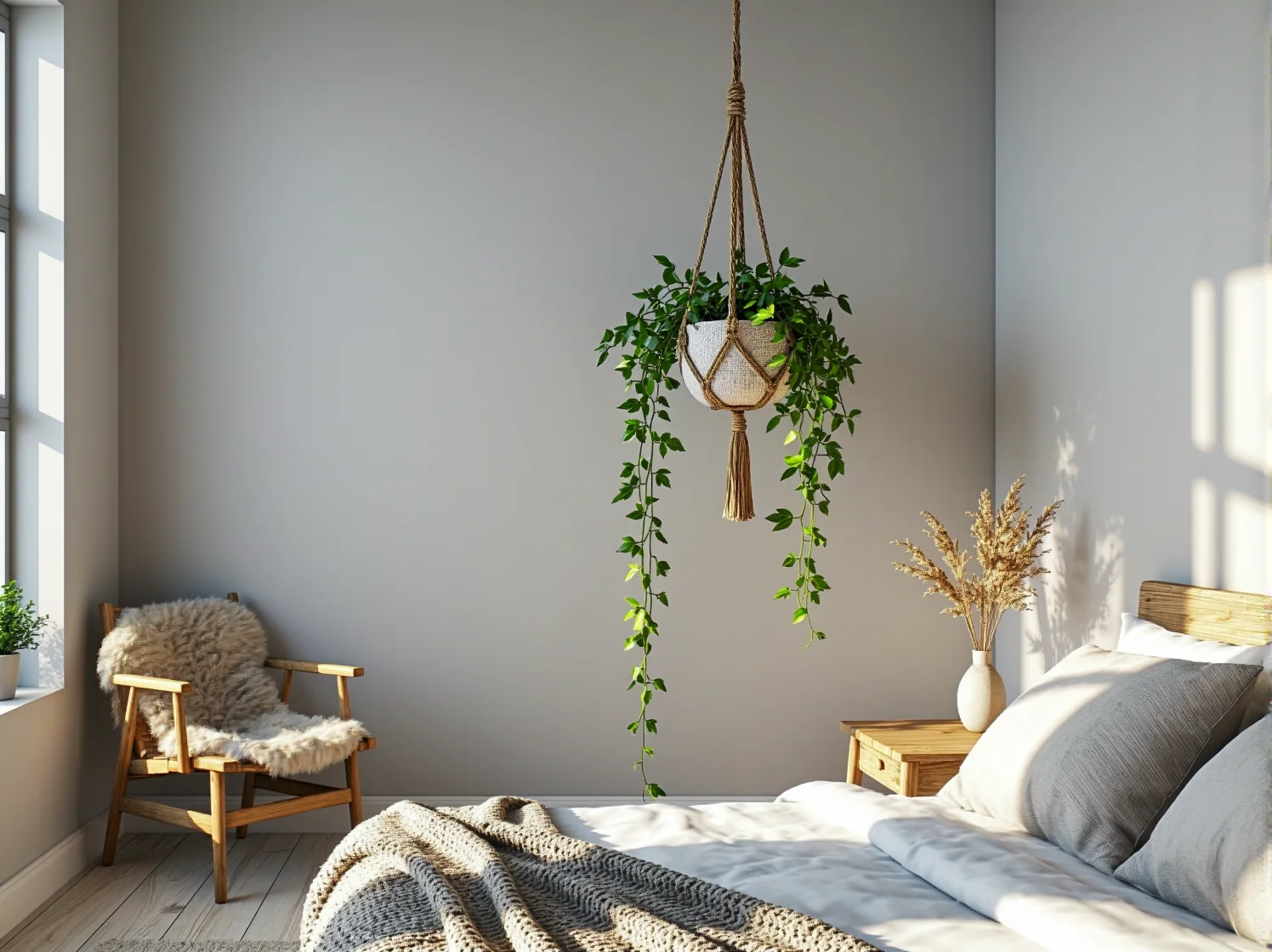 Gruby, wełniany pled w jasnym kolorze nonszalancko rzucony na łóżko, ocieplający aranżację.