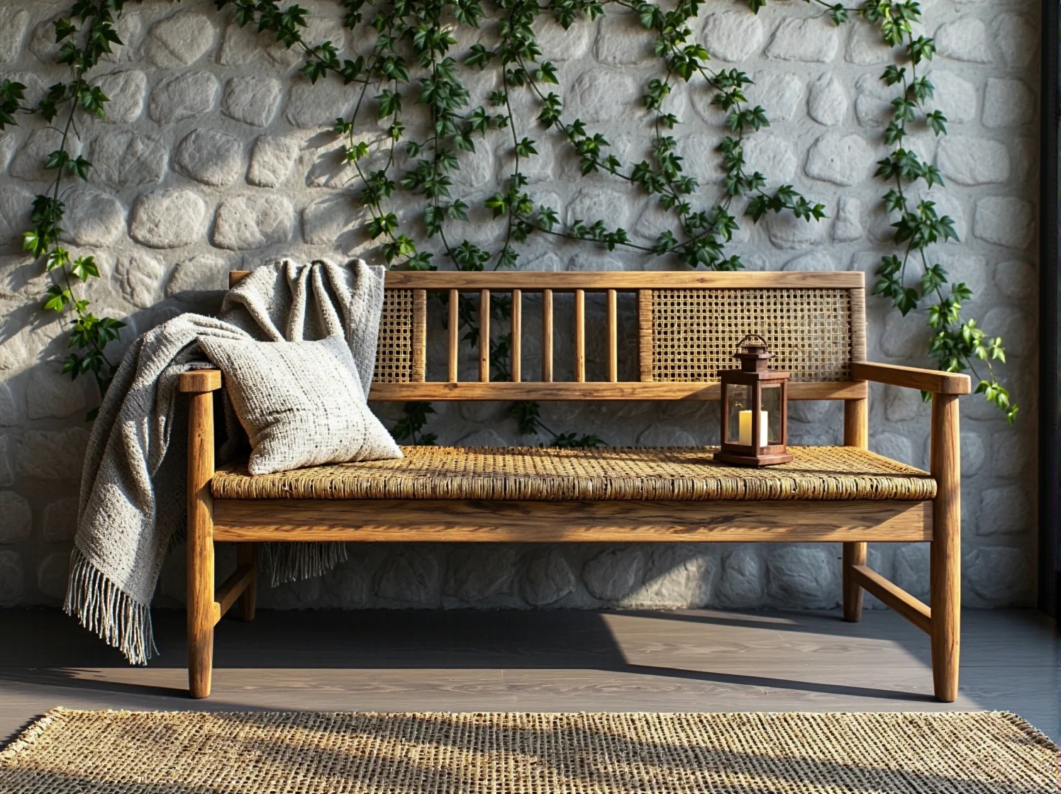 Zestaw wypoczynkowy z wikliny na tarasie. Wygodne fotele i stolik w rustykalnym klimacie.