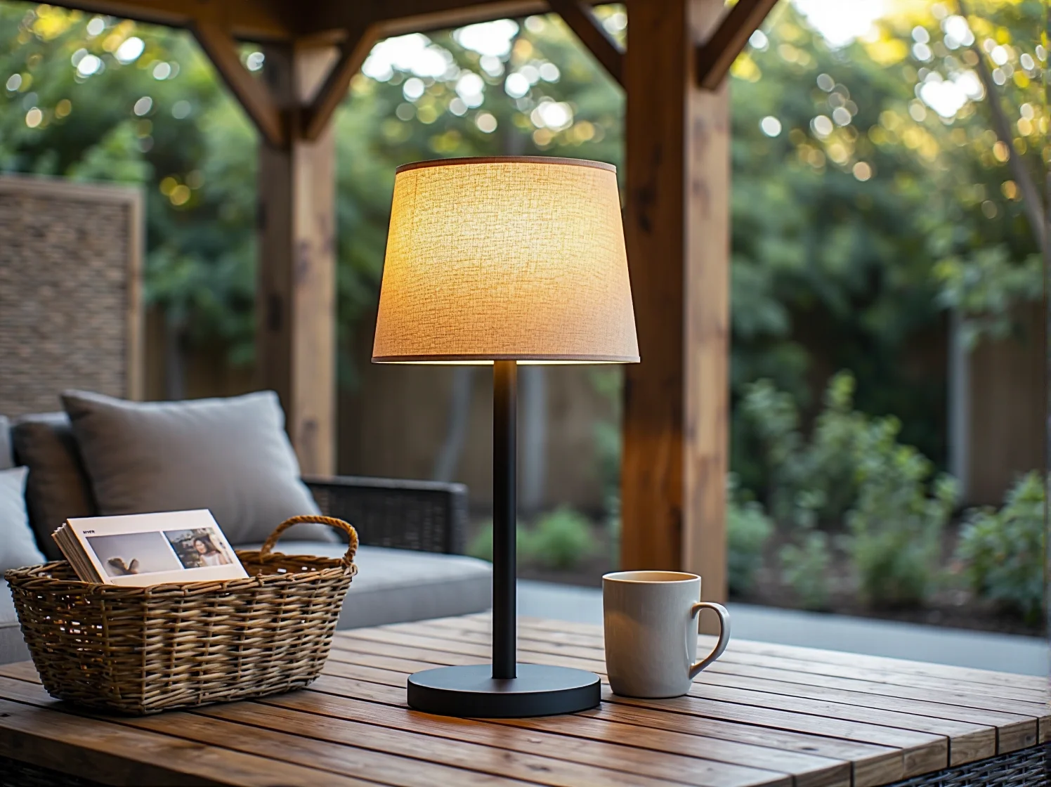 Elegancka lampa wisząca wewnątrz altany, dająca ciepłe, nastrojowe światło nad strefą wypoczynku.