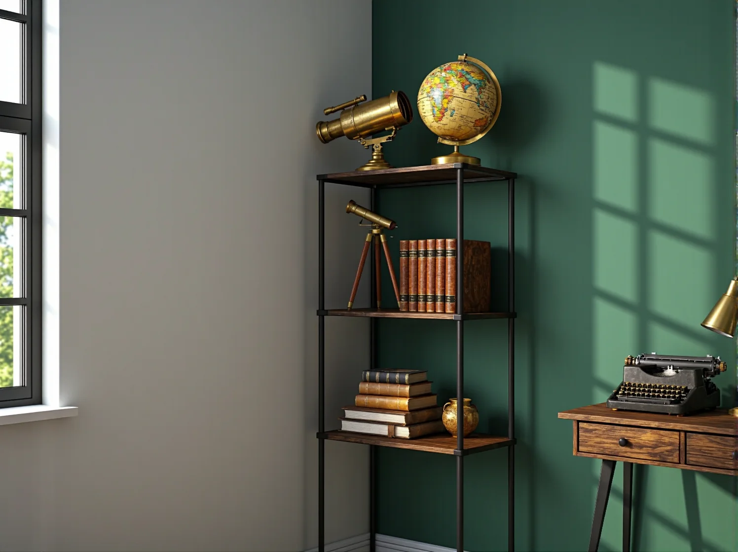 Aranżacja kącika z wiszącą półką narożną vintage wypełnioną książkami i kwiatami