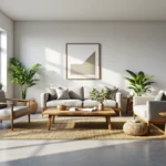 Komplet wypoczynkowy szary z drewnianym stolikiem kawowym dębowym