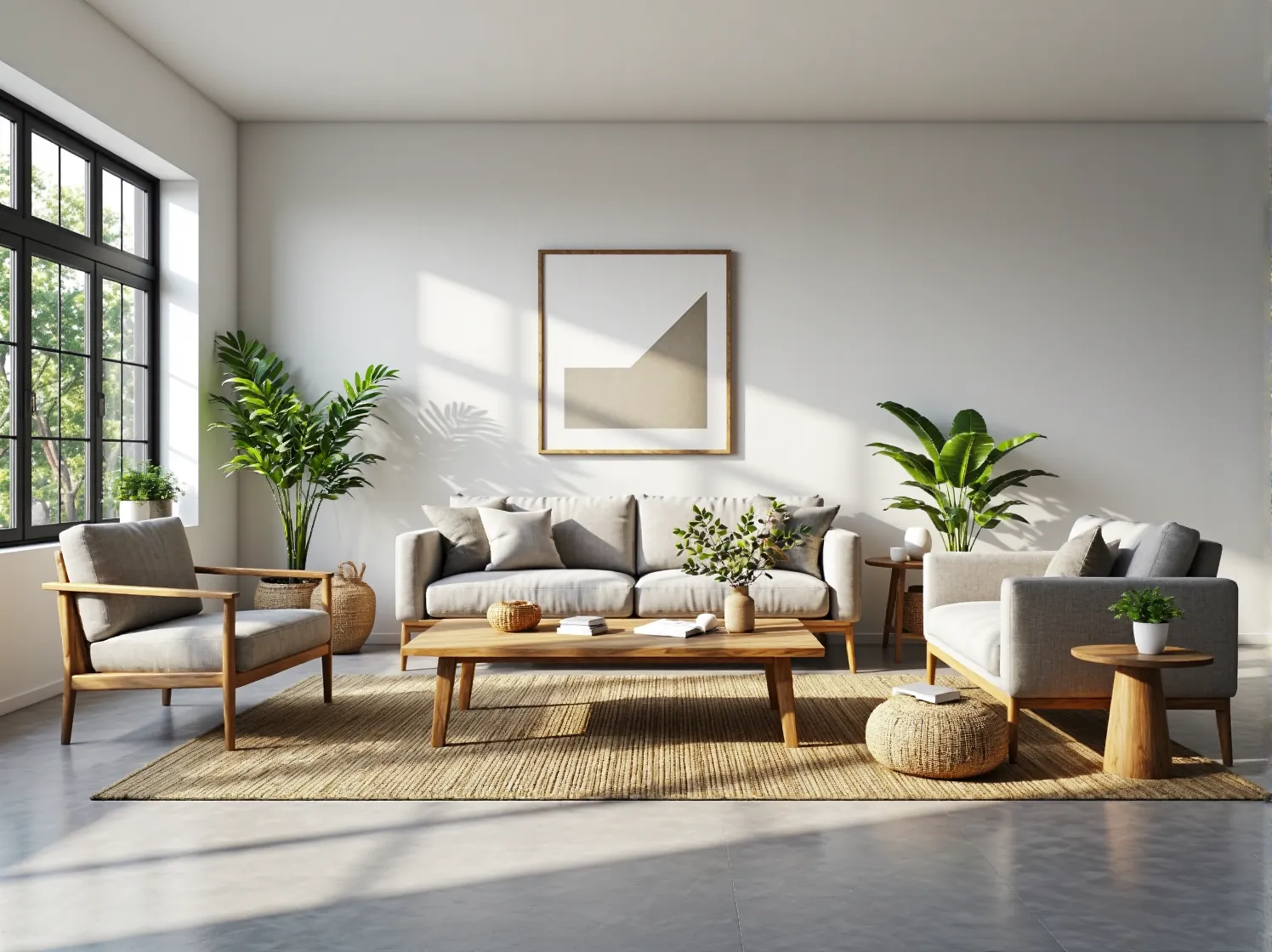 Komplet wypoczynkowy szary z drewnianym stolikiem kawowym dębowym