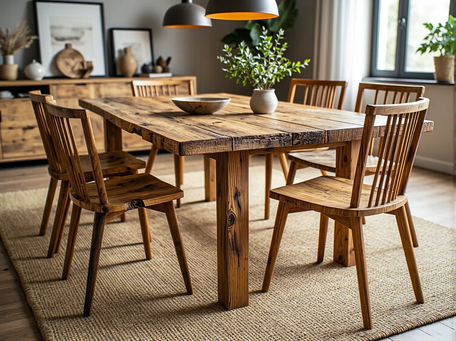 Detal na egzotyczne meble w jadalni. Krzesło z rattanu przy stole z litego drewna.